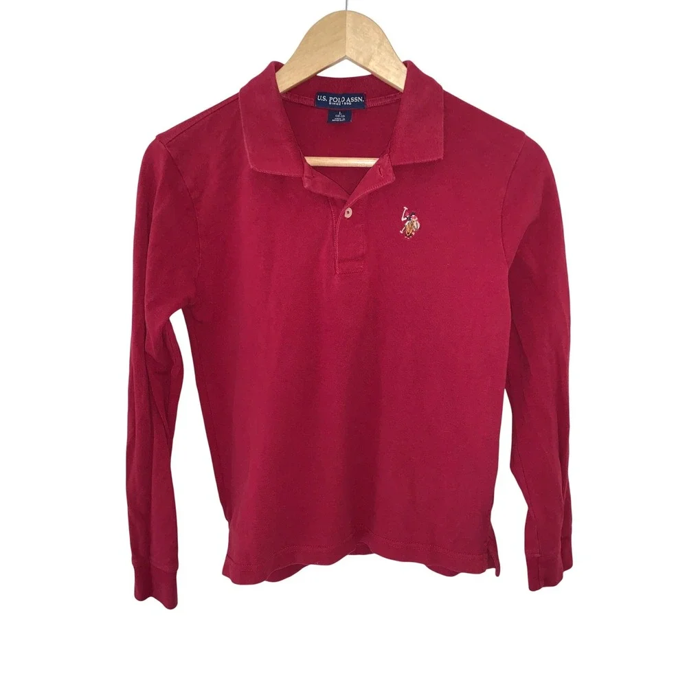 US Polo Assn Boys‎ Red Long Sleeve Polo Shirt Size L 10-12 Cotton Pique Logo